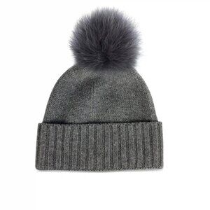 HatAttack Cashmere Slouchy Cuff Beanie with Real Fur Pom in Charcoal